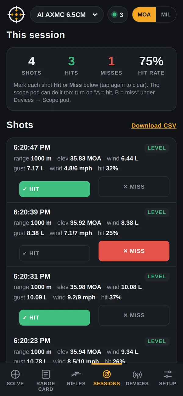 Phone app: sessions with hits and misses